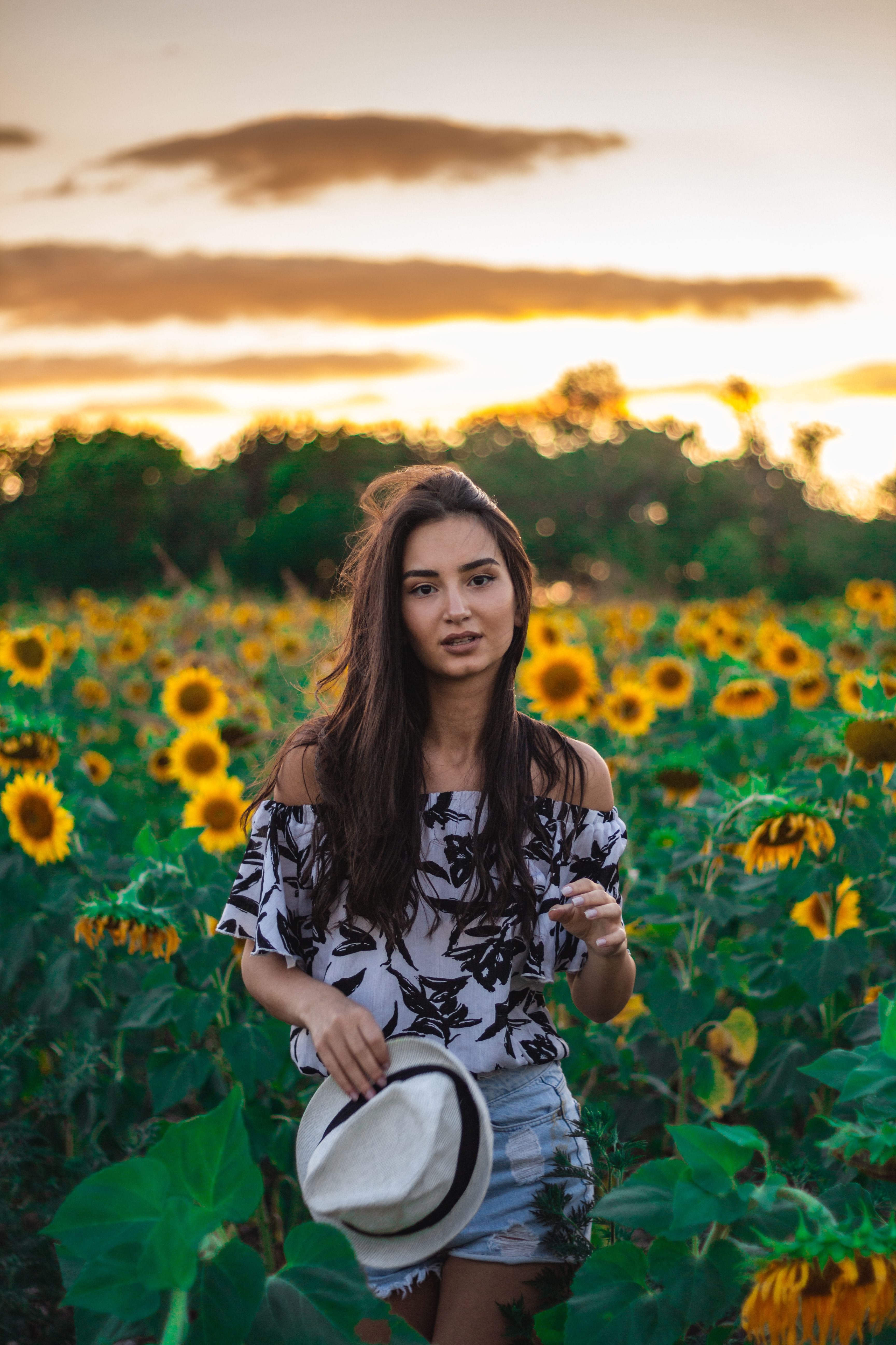 Woman Holding a Hat While Walking in Sunflower Field · Free Stock Photo