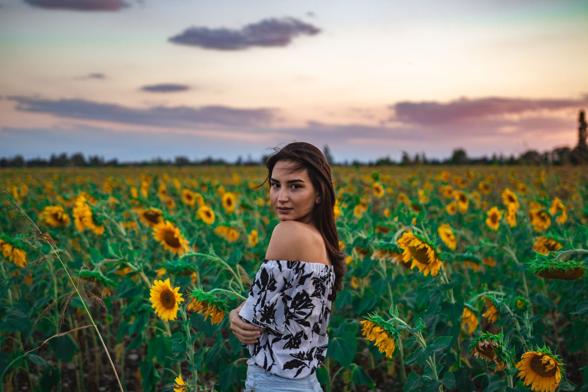 Young woman standing in a sunflower field at sunset