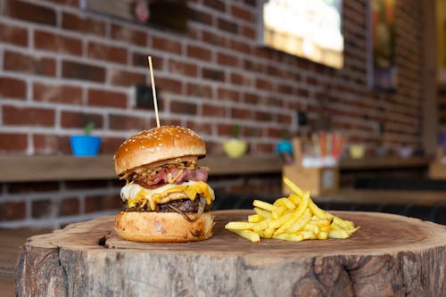 Burger and Fries on a Tree Stump