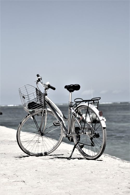 Free A vintage bicycle stands alone by the peaceful seaside, capturing a timeless coastal moment. Stock Photo