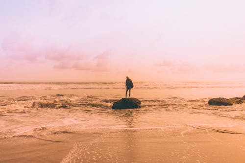 Free Person Standing on Rock on Beach Stock Photo