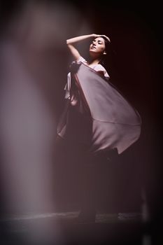 An elegant woman in a flowing dress captured in dramatic light, posing gracefully.