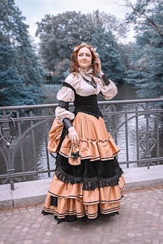 Woman in a historical dress poses on a Leipzig bridge by a serene river.