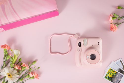 Free Flatlay of a pink instant camera with flowers on a pastel pink background. Stock Photo