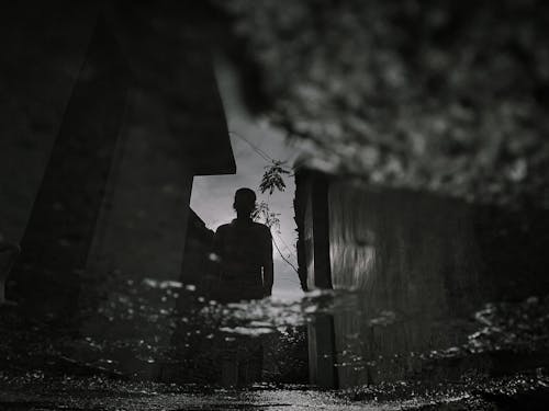 Free Silhouette of a Person Standing Near a House Stock Photo