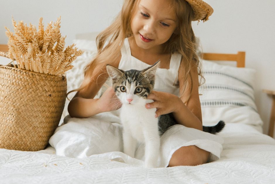 Żwirek sklep zoologiczny – gdzie kupić najlepszy w Polsce 5 A young girl in a straw hat lovingly pets a kitten on a bed, creating a warm indoor atmosphere.