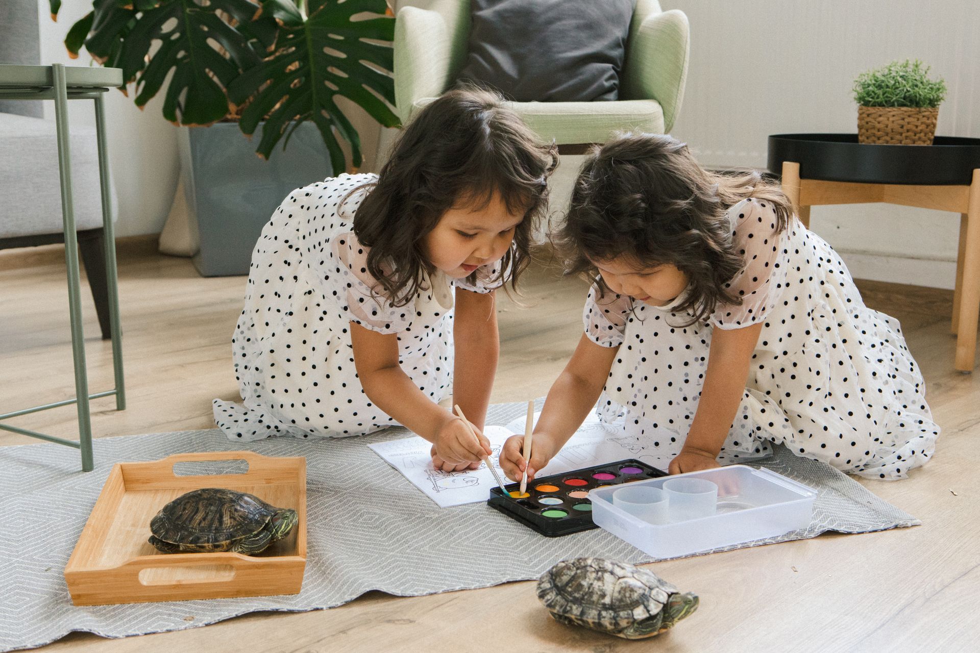 Little Twin Girls Painting and Their Pet Turtles Walking Around Freely