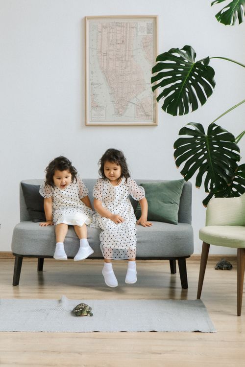 Free Two young girls sitting on a couch with a turtle and monstera plant indoors. Stock Photo
