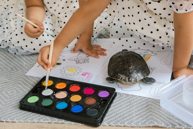 Girls Painting With Turtle Next To Them 