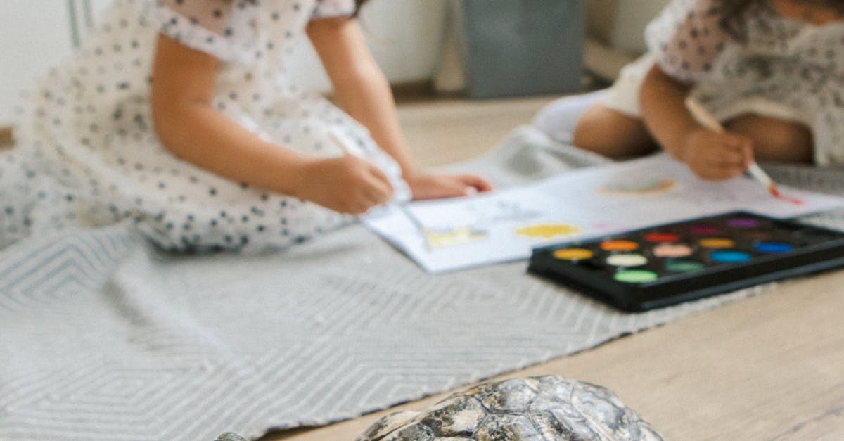 Red-eared Turtle Walking Freely in a House Next to Two Little Girls Painting