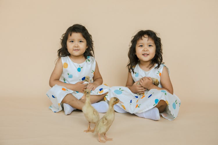 Cute Twin Little Girls Sitting On Floor And Playing With Yellow Ducklings