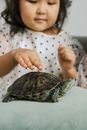 Girl in White and Black Polka Dot Shirt Holding Turtle