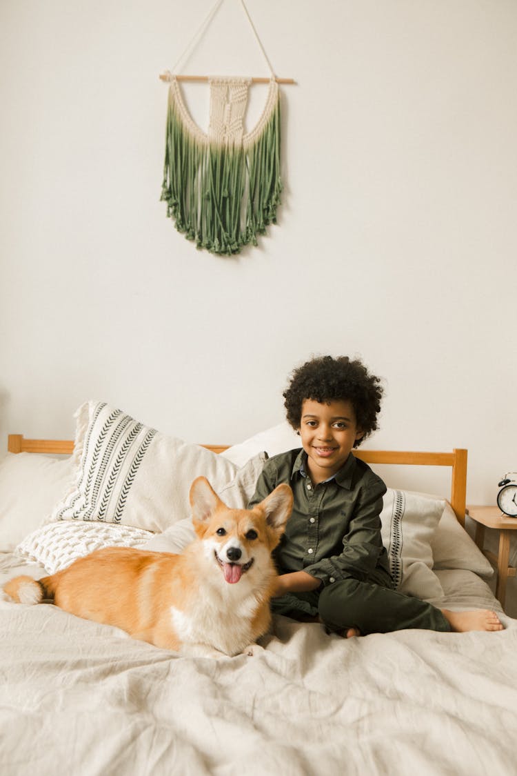 Boy And A Dog Sitting On A Bed And Knitted Decoration Hanging On The Wall