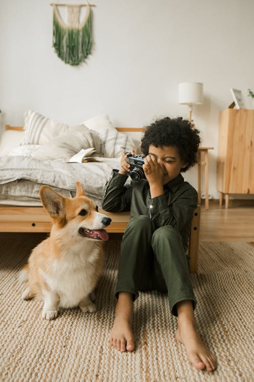Free Boy Photographing His Dog  Stock Photo