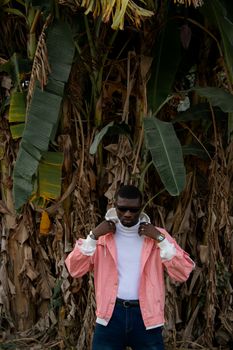 Confident young African American man in trendy clothes and sunglasses standing near tropical trees in daytime