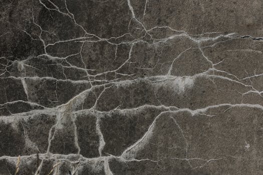 Detailed close-up of a cracked concrete wall texture, perfect for backgrounds and design elements.