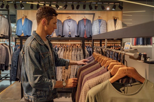 Young man browsing suits in a stylish clothing store, exploring fashion options.