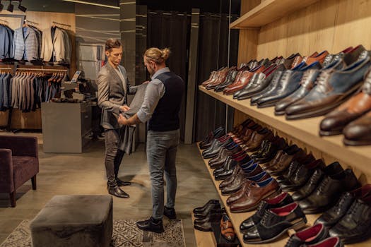 Two men shopping in a stylish clothing store with a wide range of shoes and suits displayed.