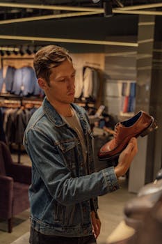 A man examines brown leather shoes in a stylish clothing store.