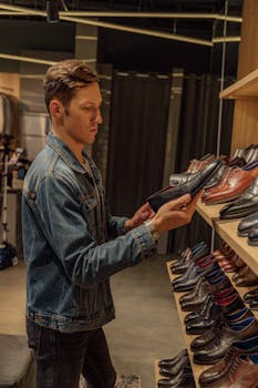 穿着牛仔夹克的年轻人在现代商店里浏览皮鞋