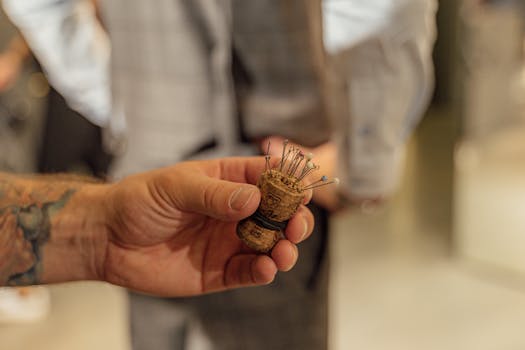 艺术环境中，特写镜头对准一只握着手工软木别针垫的手