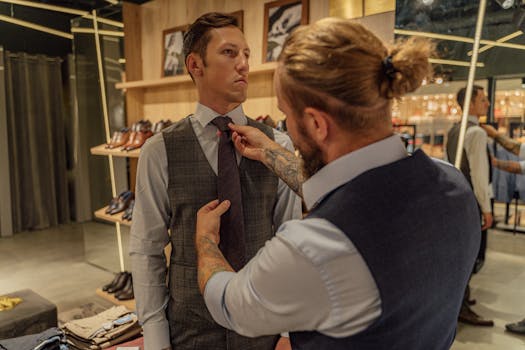 A tailor assists a client by adjusting his necktie in a clothing store fitting session.