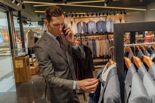 Stylish man browsing suits in a modern clothing store, talking on phone.