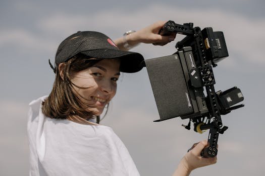 Smiling woman holding a camera rig in an outdoor setting, showcasing filmmaking in action.