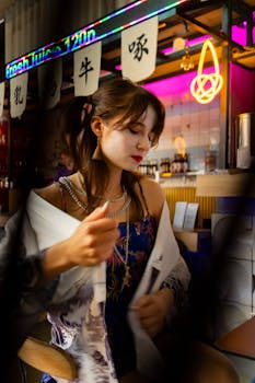 Fashionable woman sitting in a neon-lit café, showcasing modern urban lifestyle and unique style.