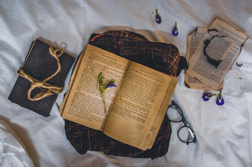 Old book with flower on creased sheet