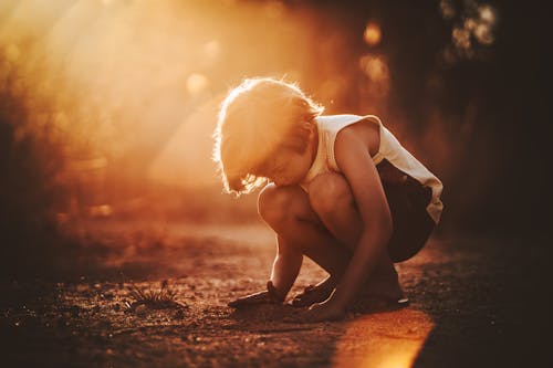 Free Full body of child in casual clothes squatting and playing with sand in park Stock Photo