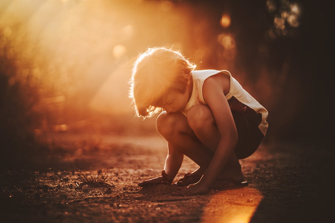 Free Full body of child in casual clothes squatting and playing with sand in park Stock Photo