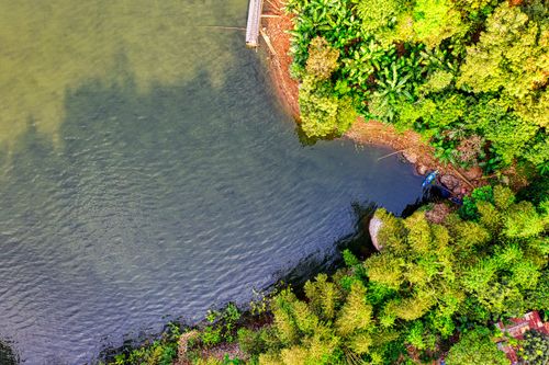 Free Stunning aerial shot capturing the lush greenery surrounding a serene lake in Purwakarta, Indonesia. Stock Photo