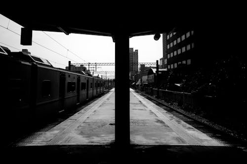 Grayscale Photo of a Train on the Train Station