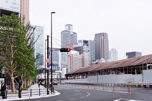 High-rise buildings in a bustling urban cityscape featuring modern architecture.