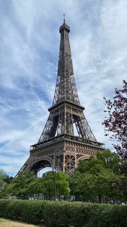Free The Eiffel Tower in Paris, shot from a low angle with lush greenery in the foreground. Stock Photo