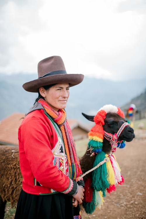 Side view of adult indigenous Peruvian female in traditional clothes and hat standing on roadside in mountainous terrain with adorable brown lama with colorful tasseled accessories
