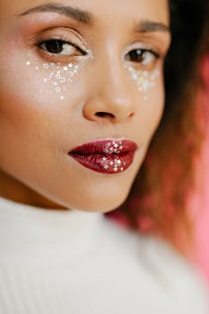 Artistic portrait of a woman with glitter makeup on pink background.