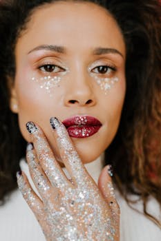 Close-up portrait of a woman with glitter makeup and sparkling nails, exuding glamour and elegance.