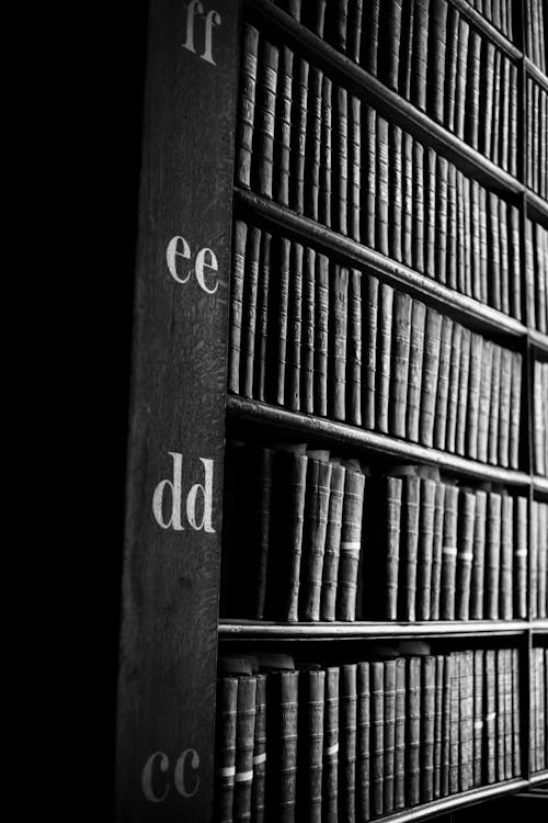 Grayscale Photo of Books in the Shelf