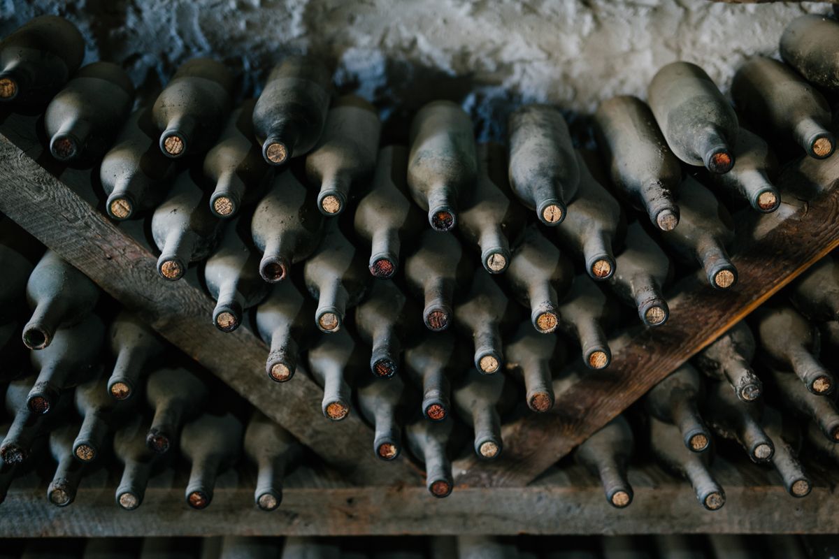 Dusty aged Champagne bottles resting on laths against a chalk wall