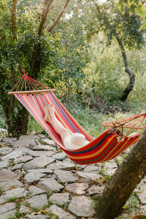 Woman resting in hammock among green trees