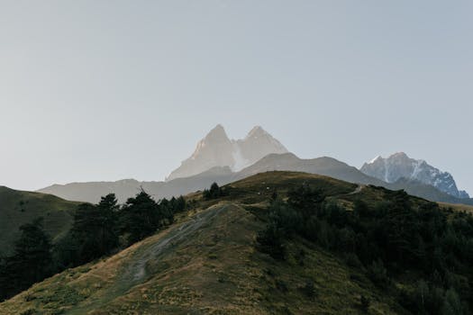 Stunning view of majestic Georgian mountains with lush greenery at sunrise. Perfect for travel and nature photography.