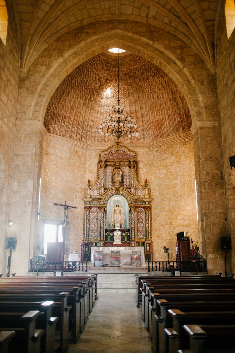 Interior Of Old Catholic Cathedral With Domed Ceiling