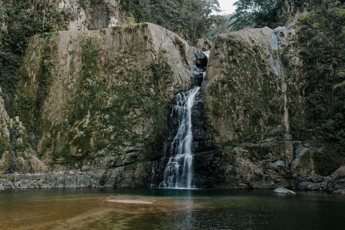 Vista pintoresca de cascada rápida entre acantilados con árboles cerca del estanque en verano