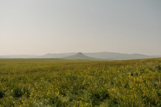 碧绿的田野在晴朗的天空下延伸至遥远的山脉，景色宁静