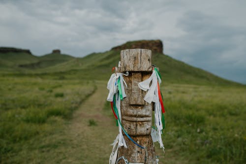 Wooden idol with wish ribbons on grassy path