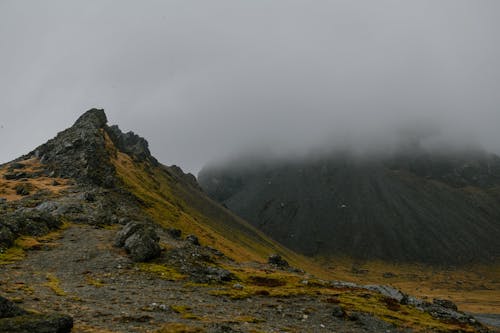 白色天空下的绿色和棕色山