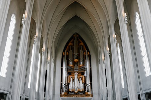 Free Interior of majestic Lutheran church with organ Stock Photo