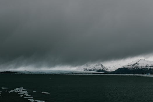 A moody view of Iceland's snowy mountains and icy waters under an overcast sky.